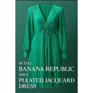 BANANA REPUBLIC | NWT | Size 16 Tall | Emerald Pleated Jacquard Tie-Front Dress
